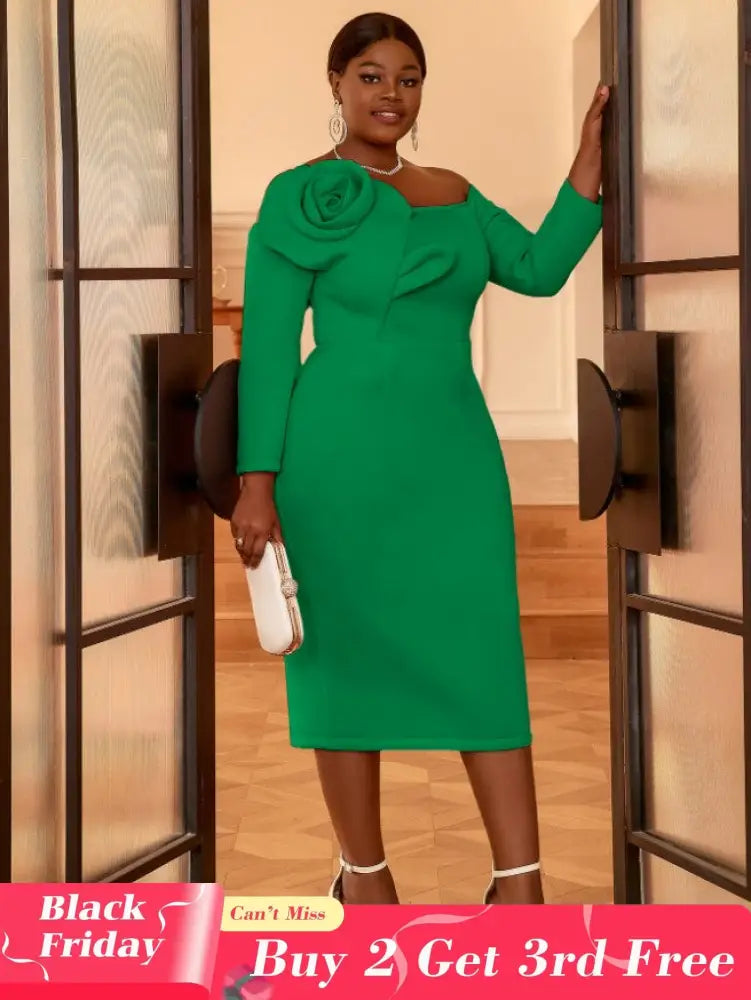 AOMEIDRESS Cold Shoulder Dress Long Sleeve Flower Appliques Bodycon Green / S