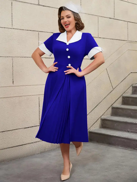 AOMEIDRESS Color Block 50s Swing Dress for Plus Size Women Blue / S