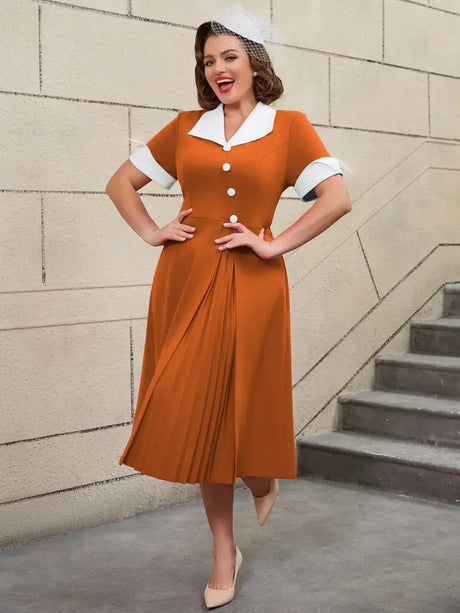 AOMEIDRESS Color Block 50s Swing Dress for Plus Size Women Brown / S