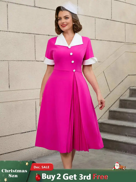 AOMEIDRESS Color Block 50s Swing Dress for Plus Size Women Rose / S