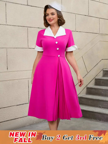 AOMEIDRESS Color Block 50s Swing Dress for Plus Size Women Rose / S