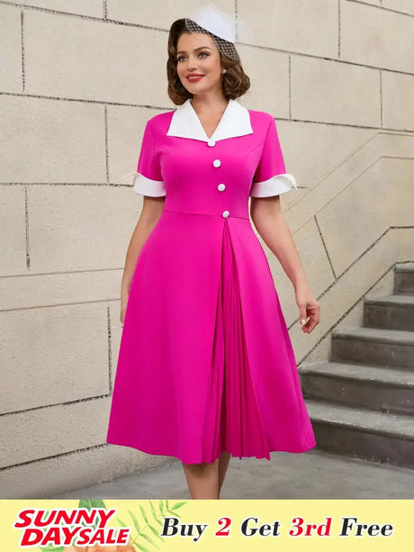 AOMEIDRESS Color Block 50s Swing Dress for Plus Size Women Rose / S