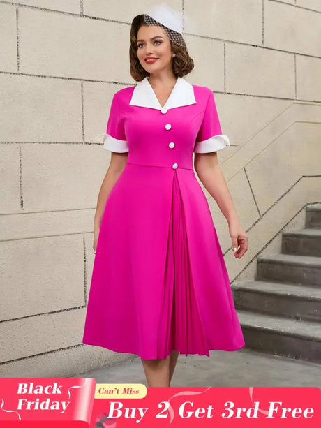 AOMEIDRESS Color Block 50s Swing Dress for Plus Size Women Rose / S