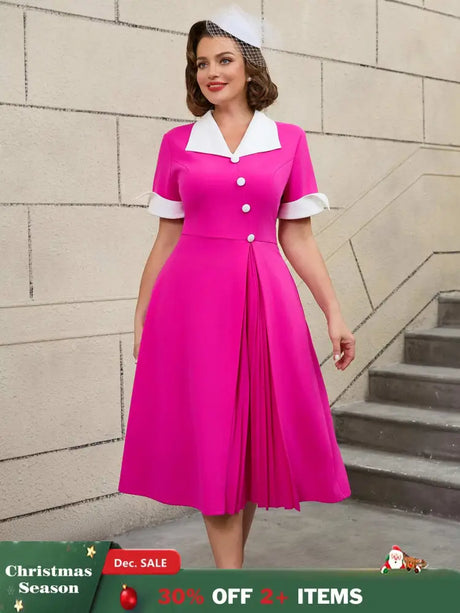 AOMEIDRESS Color Block 50s Swing Dress for Plus Size Women Rose / S