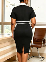 AOMEIDRESS Color Block Bodycon Dresses Belted Short Sleeve Business