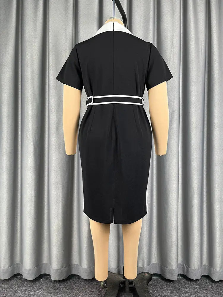 AOMEIDRESS Color Block Bodycon Dresses Belted Short Sleeve Business