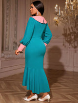 AOMEIDRESS Color Block Mermaid Dress O Neck Puff Sleeve Ruffle Hem