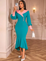 AOMEIDRESS Color Block Mermaid Dress O Neck Puff Sleeve Ruffle Hem