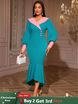 AOMEIDRESS Color Block Mermaid Dress O Neck Puff Sleeve Ruffle Hem LakeGreen / S