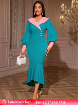AOMEIDRESS Color Block Mermaid Dress O Neck Puff Sleeve Ruffle Hem LakeGreen / S