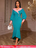 AOMEIDRESS Color Block Mermaid Dress O Neck Puff Sleeve Ruffle Hem LakeGreen / S