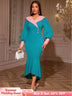 AOMEIDRESS Color Block Mermaid Dress O Neck Puff Sleeve Ruffle Hem LakeGreen / S