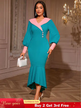 AOMEIDRESS Color Block Mermaid Dress O Neck Puff Sleeve Ruffle Hem LakeGreen / S