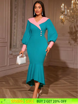 AOMEIDRESS Color Block Mermaid Dress O Neck Puff Sleeve Ruffle Hem LakeGreen / S
