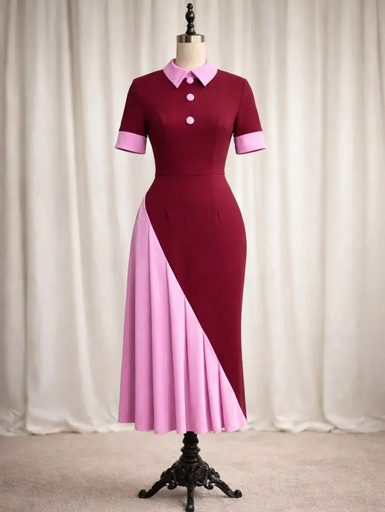 AOMEIDRESS Color Block Midi Bodycon Dresses Asymmetrical Pleated Hem