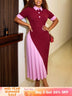 AOMEIDRESS Color Block Midi Bodycon Dresses Asymmetrical Pleated Hem - Wine / S