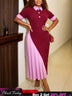 AOMEIDRESS Color Block Midi Bodycon Dresses Asymmetrical Pleated Hem - Wine / S