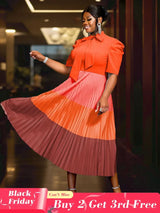 AOMEIDRESS Color Block Mock Neck Bowtie Short Sleeve Pleated Dress