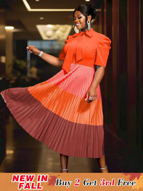 AOMEIDRESS Color Block Mock Neck Bowtie Short Sleeve Pleated Dress