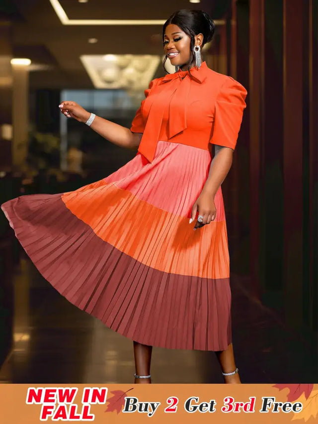 AOMEIDRESS Color Block Mock Neck Bowtie Short Sleeve Pleated Dress