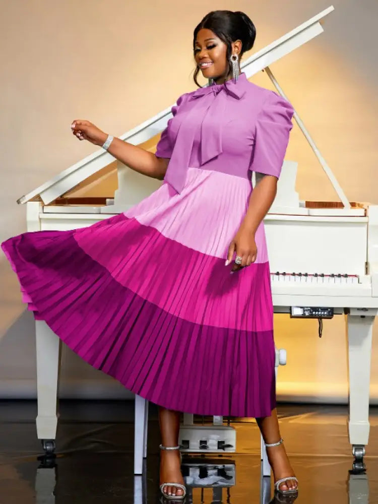 AOMEIDRESS Color Block Mock Neck Bowtie Short Sleeve Pleated Dress Purple / S