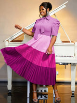 AOMEIDRESS Color Block Mock Neck Bowtie Short Sleeve Pleated Dress Purple / S