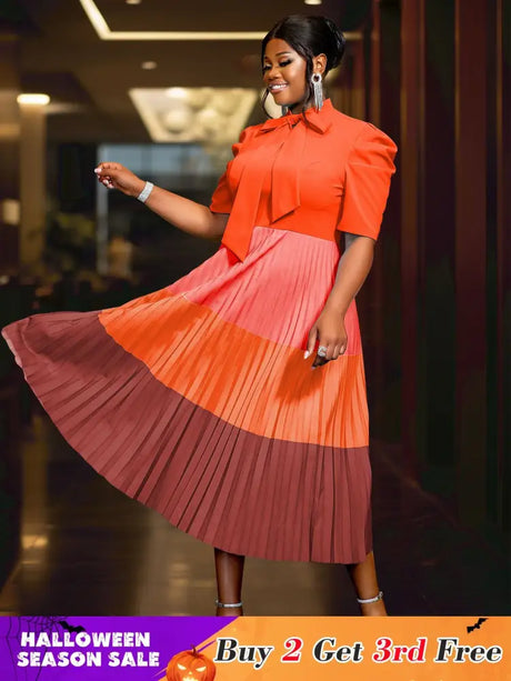 AOMEIDRESS Color Block Mock Neck Bowtie Short Sleeve Pleated Dress