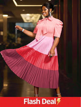 AOMEIDRESS Color Block Mock Neck Bowtie Short Sleeve Pleated Dress Pink / S