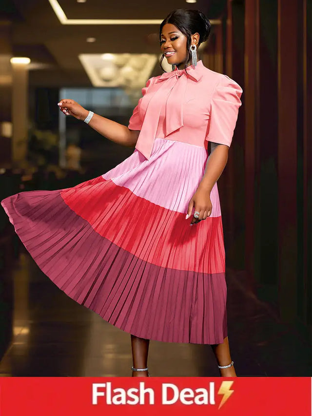 AOMEIDRESS Color Block Mock Neck Bowtie Short Sleeve Pleated Dress Pink / S