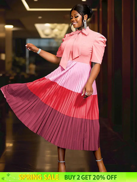 AOMEIDRESS Color Block Mock Neck Bowtie Short Sleeve Pleated Dress - Pink / 0XL