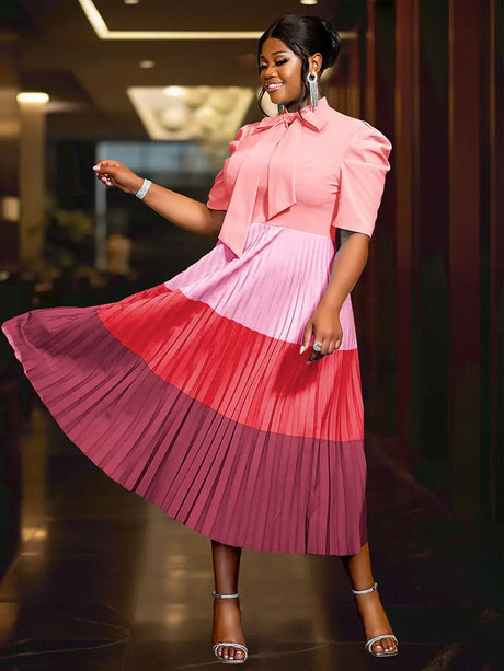 AOMEIDRESS Color Block Mock Neck Bowtie Short Sleeve Pleated Dress Pink / S