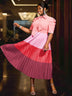 AOMEIDRESS Color Block Mock Neck Bowtie Short Sleeve Pleated Dress Pink / S