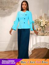AOMEIDRESS Color Block Office Party Two Piece Set with Wide Leg Pants