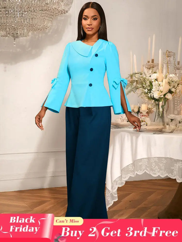 AOMEIDRESS Color Block Office Party Two Piece Set with Wide Leg Pants