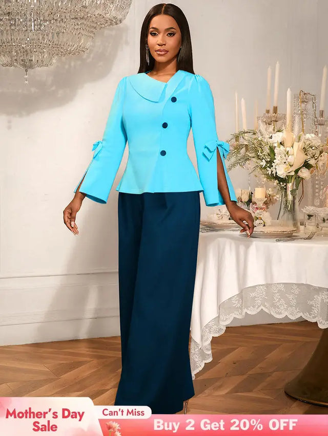 AOMEIDRESS Color Block Office Party Two Piece Set with Wide Leg Pants
