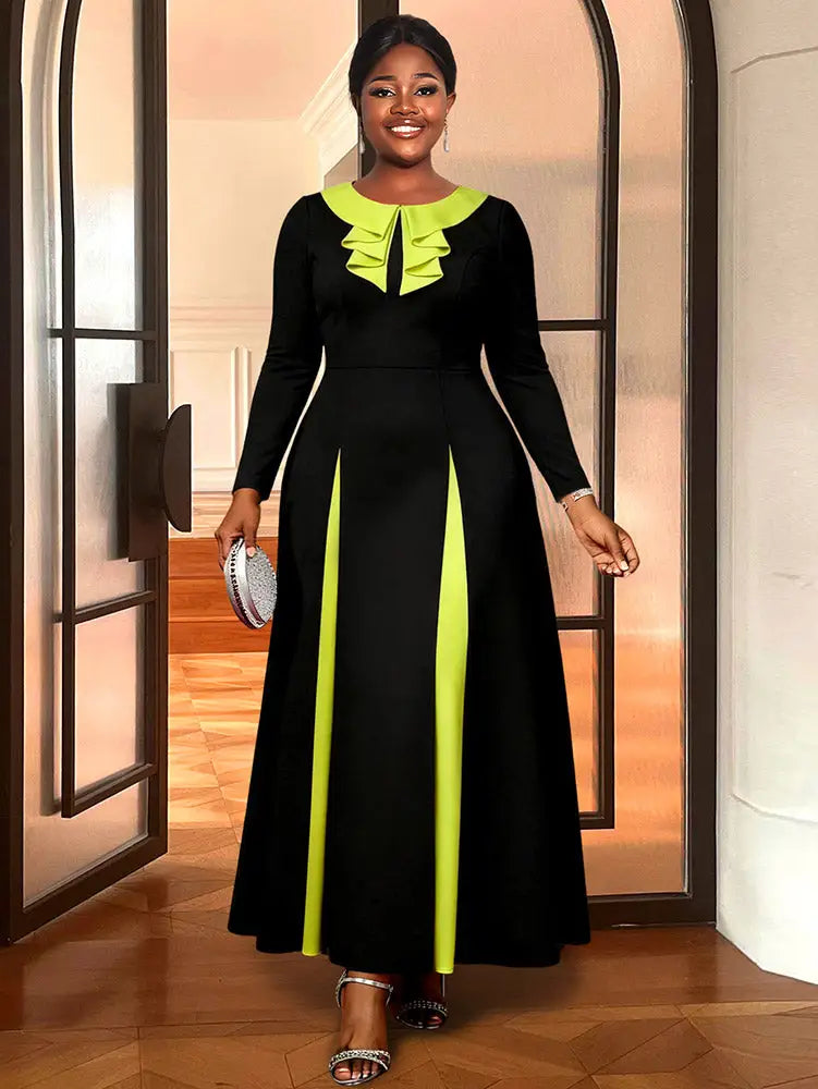 AOMEIDRESS Colorblock A Line Dress Long Sleeves Ruffles Party Gowns