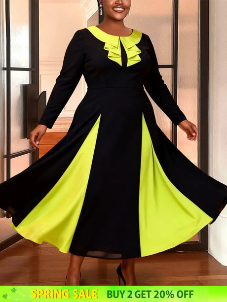 AOMEIDRESS Colorblock A Line Dress Long Sleeves Ruffles Party Gowns
