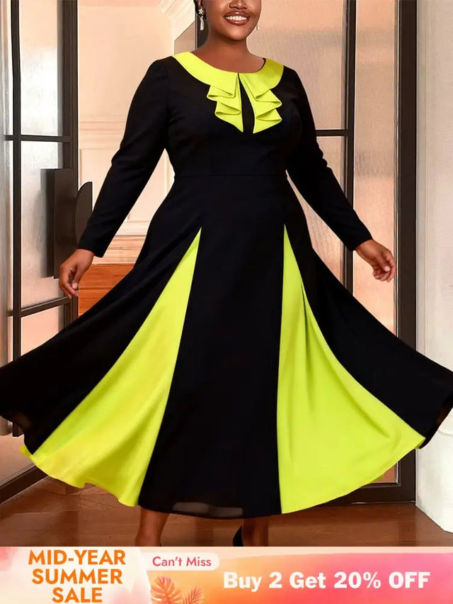 AOMEIDRESS Colorblock A Line Dress Long Sleeves Ruffles Party Gowns