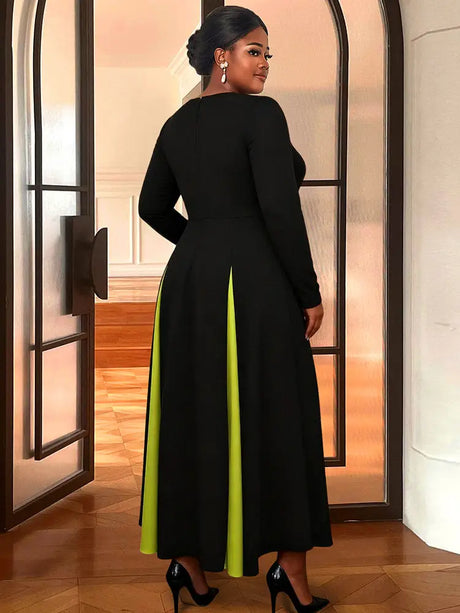 AOMEIDRESS Colorblock A Line Dress Long Sleeves Ruffles Party Gowns