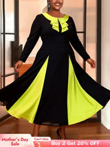 AOMEIDRESS Colorblock A Line Dress Long Sleeves Ruffles Party Gowns