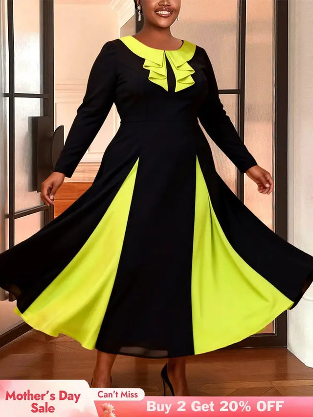 AOMEIDRESS Colorblock A Line Dress Long Sleeves Ruffles Party Gowns