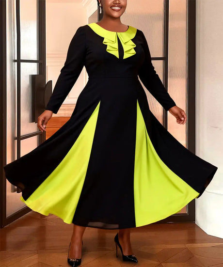 AOMEIDRESS Colorblock A Line Dress Long Sleeves Ruffles Party Gowns - Black / S