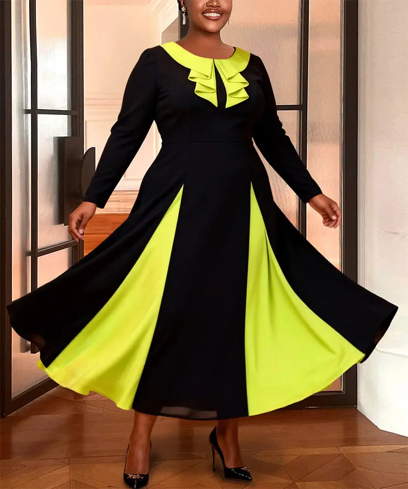 Women Elegant A Line Colorblock Dress Ruffles Long sleeves Office Party