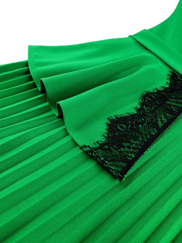 AOMEIDRESS Colorblock A Line Pleated Church Dress Lace Trim Peplum