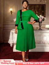 AOMEIDRESS Colorblock A Line Pleated Church Dress Lace Trim Peplum Green / L