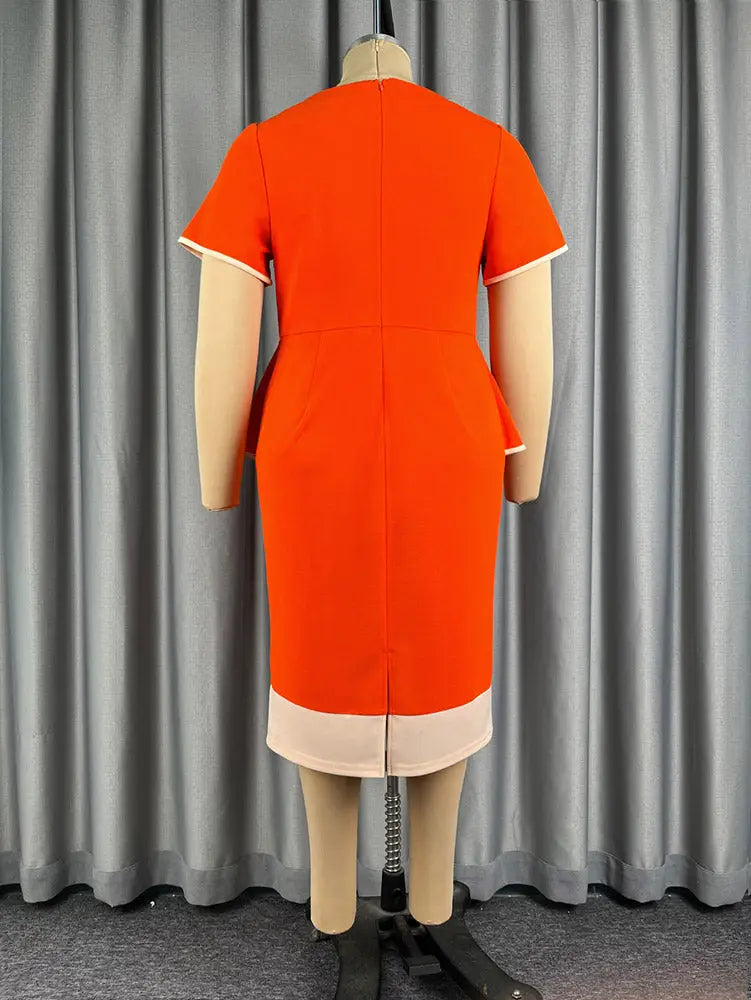 AOMEIDRESS Colorblock Bodycon Dress V Neck Short Sleeve Peplum Office