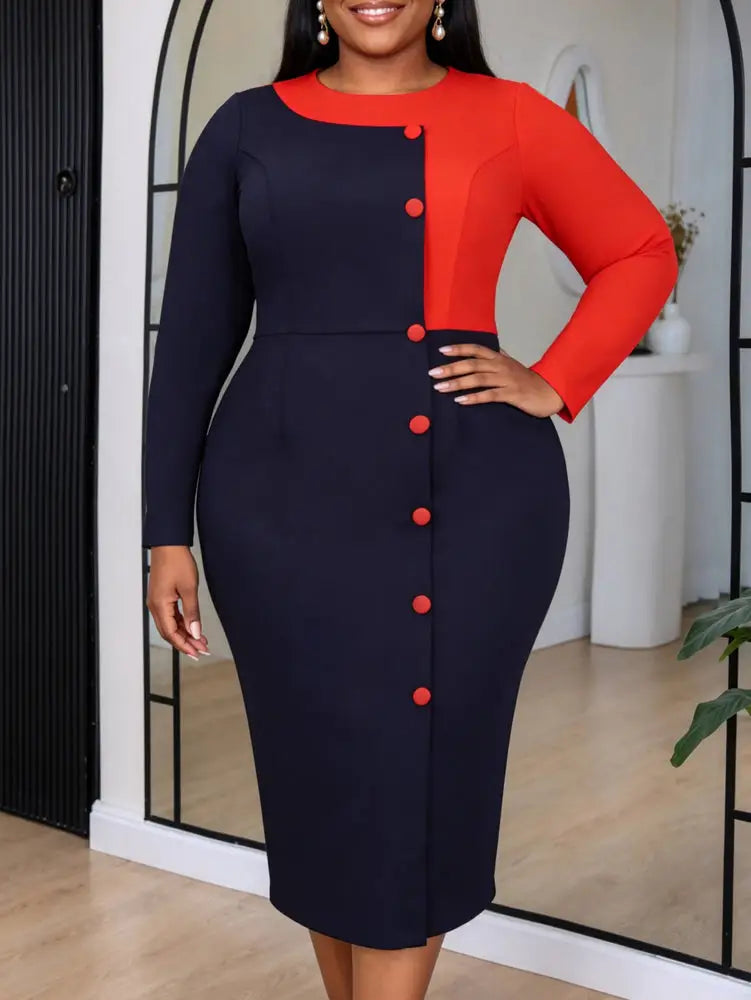 AOMEIDRESS Colorblock Bodycon Dresses O Neck Long Sleeves Slim Wear - Navy / S