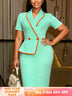 AOMEIDRESS ColorBlock Bodycon Dresses Turn Down Collar Short Sleeves - MintGreen / S