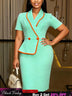 AOMEIDRESS ColorBlock Bodycon Dresses Turn Down Collar Short Sleeves - MintGreen / S