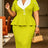 AOMEIDRESS Colorblock Business Dress Turn Down Collar Petal Sleeves - MustardGreen / L
